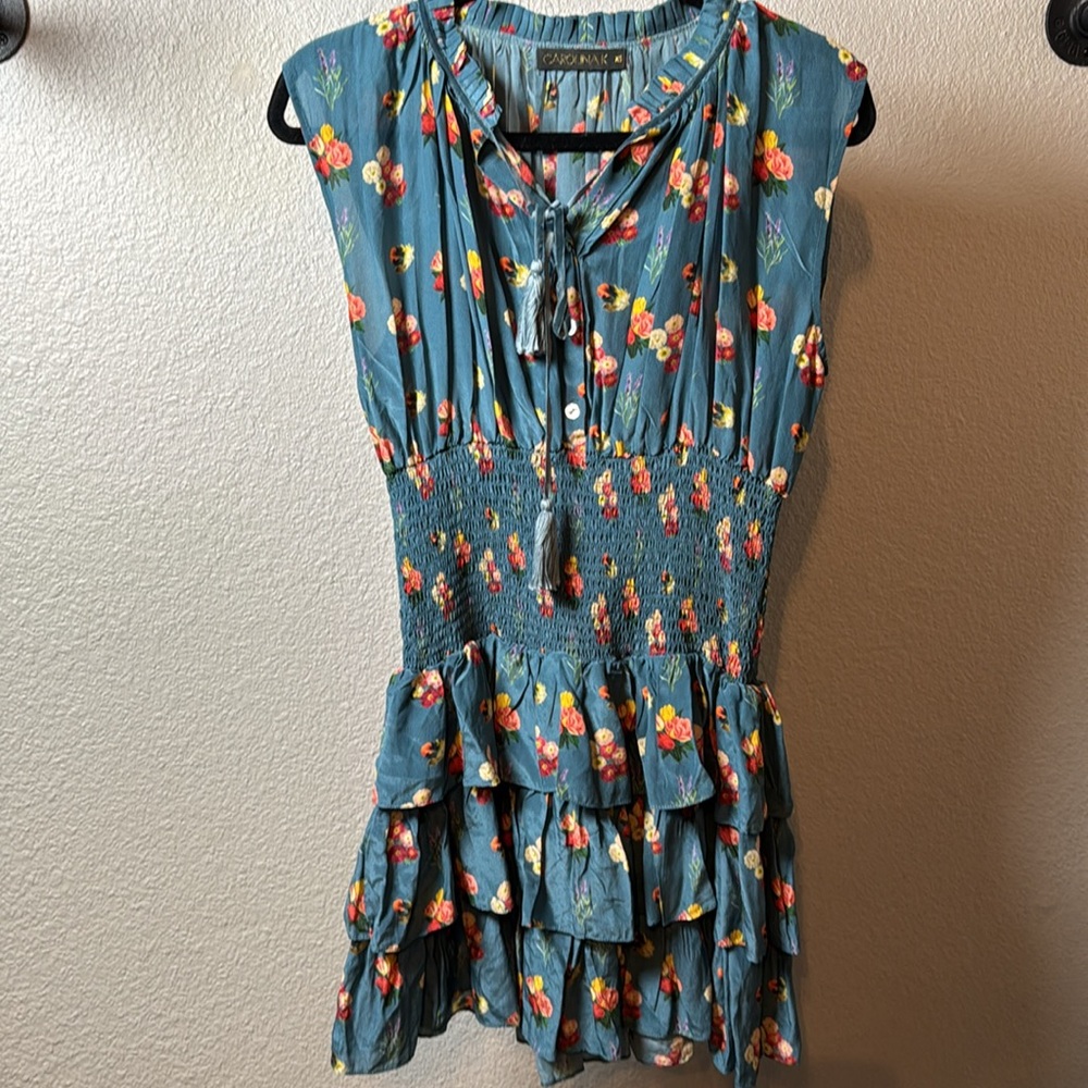 Carolina K Blue Floral Tiered Smocked Waist Mini Dress